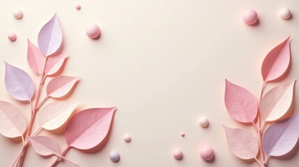 Poster - Pastel Pink and Lavender Leaves with Soft Spheres on a Light Background