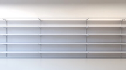 Aufkleber - An image of blank supermarket shelves in a white, clean style, set against a light background, concept of empty retail space