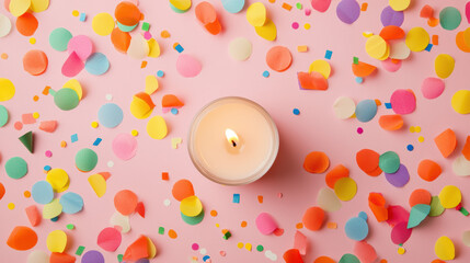 Poster - candle surrounded by colorful confetti on pink background creates festive atmosphere