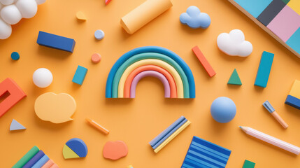 Poster - Colorful geometric shapes and rainbow on vibrant orange background create playful and creative atmosphere