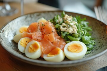 Canvas Print - Smoked salmon hard boiled eggs and greens on a wooden table