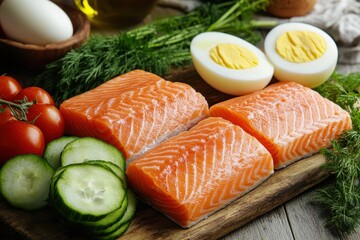 Canvas Print - Smoked salmon salad with eggs and greens on a wooden surface