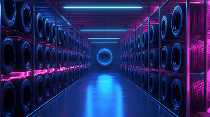 Poster - Car tires on metal racks in an illuminated tire shop, automotive industry and commerce concept
