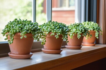 Poster - Succulent pearls in clay pots in a house sunroom