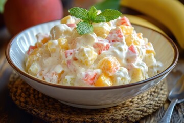 Wall Mural - Tasty and cool creamy fruit salad in a bowl