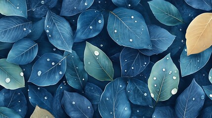 Canvas Print - Dewdrops on blue and green leaves background.