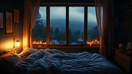 Poster - Corner view on dark bedroom interior with bed, panoramic window