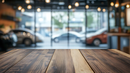 Wall Mural - Empty wood table top with cars in showroom blurred defocused background