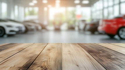 Poster - Empty wood table top with cars in showroom blurred defocused background