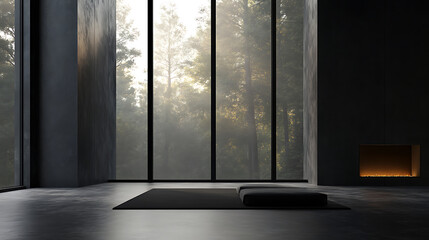 Poster - Front view on dark empty room interior with panoramic window
