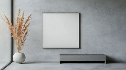 Poster - Grey living room interior with drawer and art decoration, mockup frame