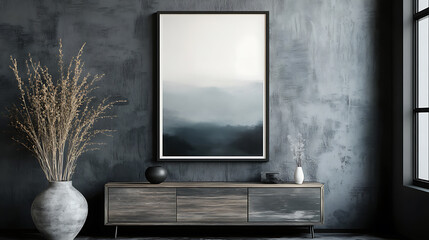 Poster - Grey living room interior with drawer and art decoration, mockup frame