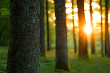 Canvas Print - A serene forest scene at sunrise, highlighting a tree trunk in the foreground with soft sunlight filtering through the trees, ideal for nature-themed projects, relaxation materials