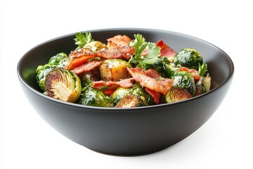 Wall Mural - Tasty roasted Brussels sprouts and bacon in a bowl on white background