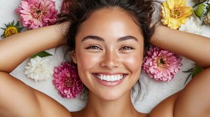 Wall Mural - Cheerful woman smiling with flowers, showcasing natural beauty and joy