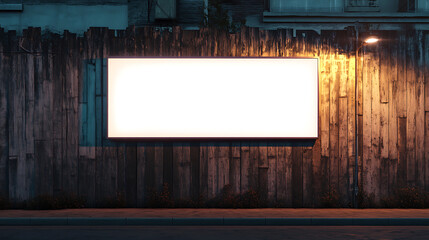 Aufkleber - Illuminated blank billboard on a rustic wall at dusk, urban advertising and design concept