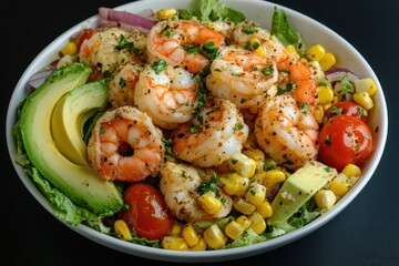 Sticker - Tasty shrimp salad featuring corn avocado cherry tomatoes lamb lettuce and red onion against a black background Aerial view