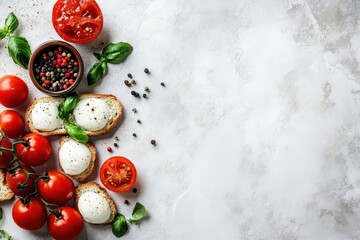 Poster - Tomato mozzarella and basil bruschetta on a light backdrop Classic Italian antipasto Overhead view with space for text