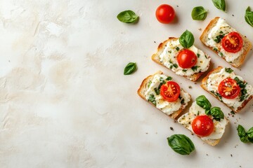 Poster - Tomato mozzarella and basil bruschetta on a light backdrop Classic Italian starter or snack Overhead view with space for text Flat layout