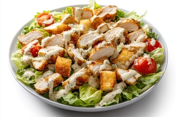 Wall Mural - Top down view of a Caesar salad featuring chicken tomatoes iceberg lettuce croutons parmesan and dressing on a white table