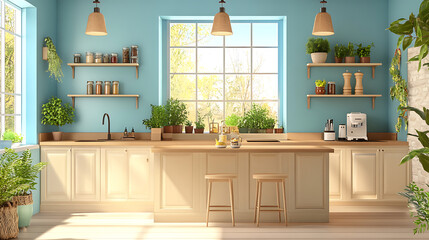 Wall Mural - Light kitchen interior with countertop and seats, shelves and decoration, window