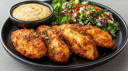 Poster - Crispy chicken fillets served with salad and dipping sauce, delicious meal