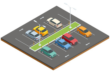Isometric parking lot illustration with multiple cars and green spaces. Vector graphic showcasing road signs, arrows, and street lights