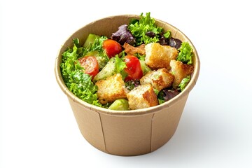 Poster - Top view of a Caesar salad in a disposable bowl for takeout set against a white backdrop