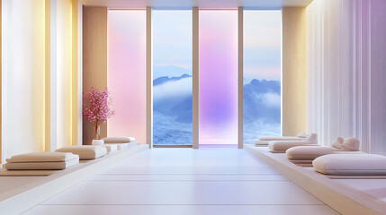 Poster - Light relax room interior with seats and panoramic window, mockup frames