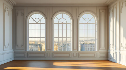 Aufkleber - Modern empty room interior, molding design and panoramic window on city view