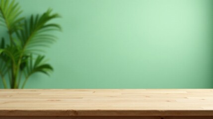 Poster - Empty Wooden Tabletop Against a Soft Green Wall with Blurred Tropical Foliage