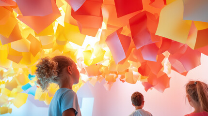 Poster - Children admire colorful paper decorations hanging from ceiling, creating vibrant atmosphere