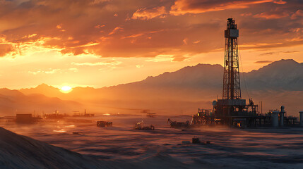 Poster - Oil drilling derrick, desert oilfield on sunrise, crude oil production, dramatic lighting, petroleum production, commodities price drop off