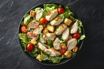 Wall Mural - Top view of traditional Italian dish chicken Caesar salad with cherry tomatoes and croutons