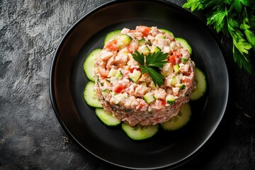 Sticker - Tuna salad with cucumber and tomato on a black dish against a dark stone background Overhead view with empty space