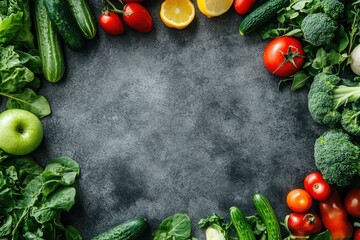 Wall Mural - Vegan green salad with mixed greens and veggies viewed from above on a gray stone surface