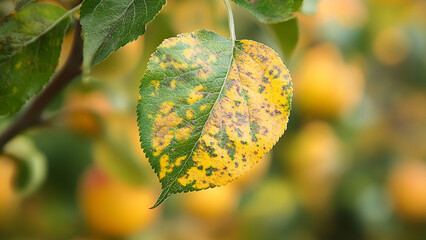 An apple tree leaf showing yellowing and curling from sulfur deficiency