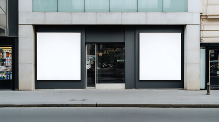 Aufkleber - Two blank white posters on a store's facade, modern building exterior, street view, concept of advertising space