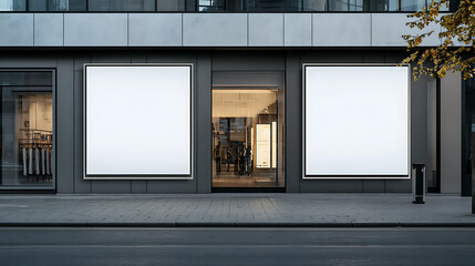 Poster - Two blank white posters on a store's facade, modern building exterior, street view, concept of advertising space