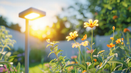 Wall Mural - vibrant garden scene featuring blooming flowers and solar lamp, illuminated by warm sunlight, creating serene atmosphere