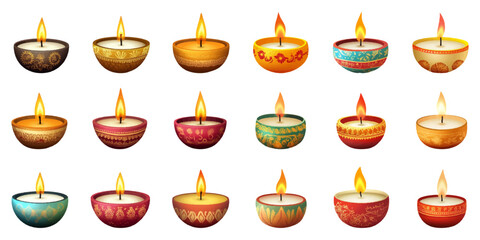 Sticker - Set of Indian festival candles on white background.