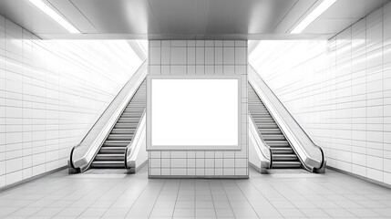 Poster - White tiled metro station with blank ad space and dual staircases, urban commute concept