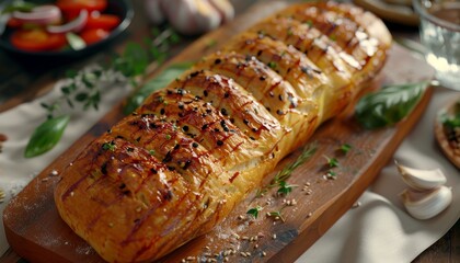 Wall Mural - A freshly baked loaf of bread with a golden crust and a dusting of black sesame seeds sits on a wooden cutting board surrounded by fresh herbs, garlic cloves, and a bowl of tomatoes.