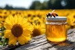 © EFA - A bright yellow bloom next to a jar of golden nectar with insects on the lid in a sunny meadow of yellow blooms