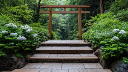 Wall Mural - Ancient Shinto shrine entrance surrounded by lush greenery and flowers