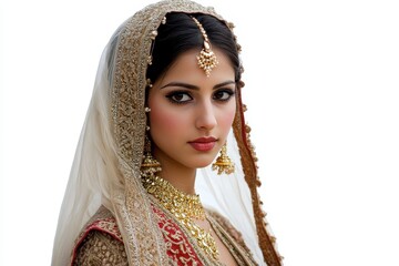 Wall Mural - An attractive young woman in a traditional Pakistani bridal ensemble adorned with elaborate jewelry and makeup