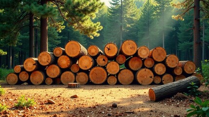 Aufkleber - Sunlit Forest Lumber Pile  Neatly Stacked Logs in a Pine Grove