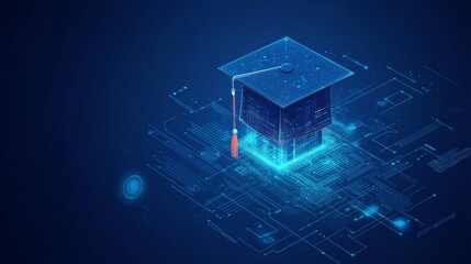 Isometric graduation cap, digital interface elements, technological circuit patterns, holographic data visualization, glowing neon blue elements, deep navy background, futuristic dashboard layout,