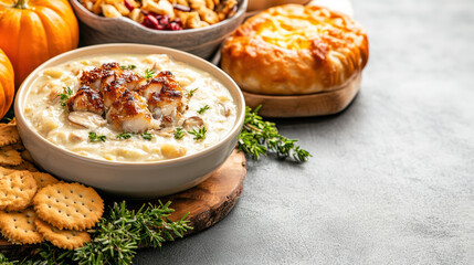 Sticker - Creamy clam chowder with crackers, pumpkin, and baked goods on table