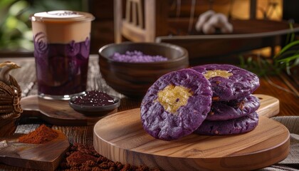 Wall Mural - A stack of purple yam cookies with a yellow center, next to a glass of purple yam drink, a bowl of purple yam powder, a small dish of jam, and a wooden cutting board on a rustic wooden table.